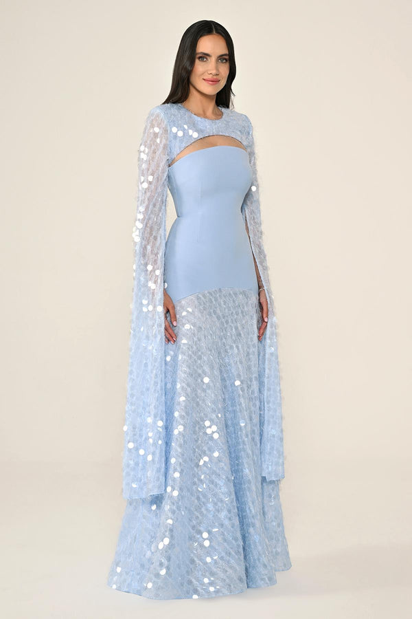Long Crepe Dress with Sequin Embellished Shawl Collar