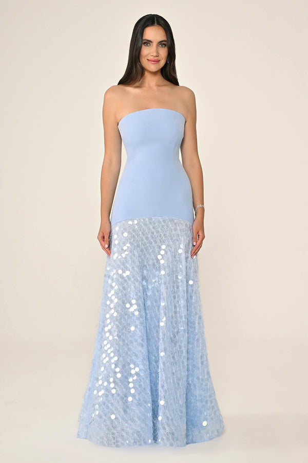 Long Crepe Dress with Sequin Embellished Shawl Collar