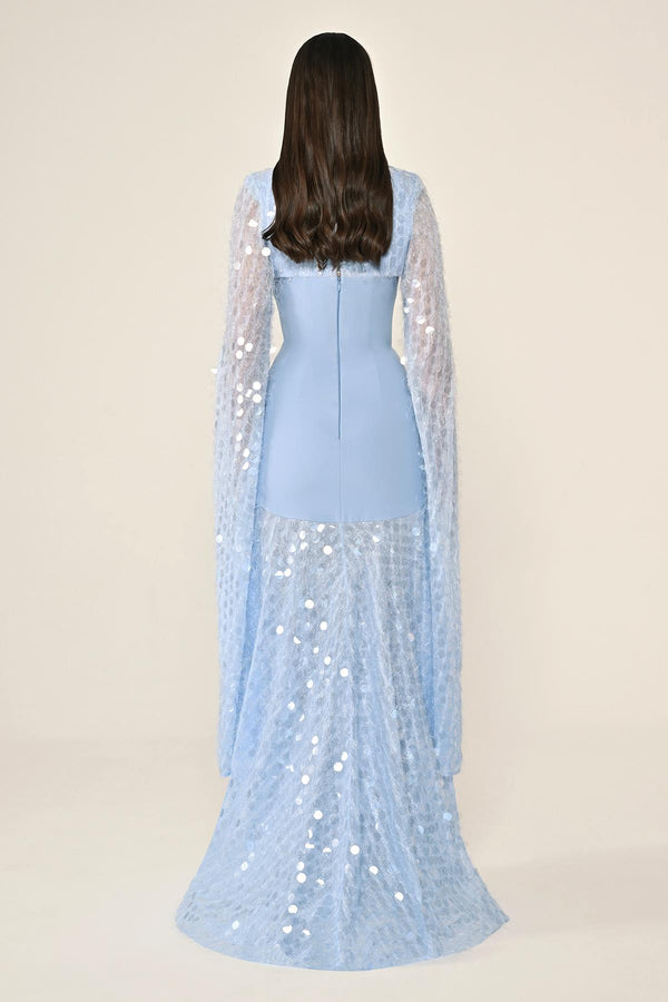Long Crepe Dress with Sequin Embellished Shawl Collar
