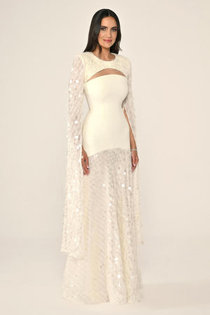 Long Crepe Dress with Sequin Embellished Shawl Collar