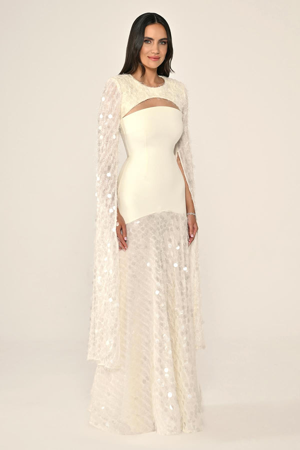 Long Crepe Dress with Sequin Embellished Shawl Collar