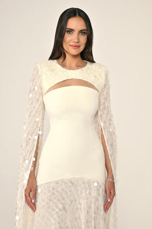 Long Crepe Dress with Sequin Embellished Shawl Collar