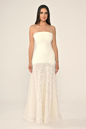 Long Crepe Dress with Sequin Embellished Shawl Collar
