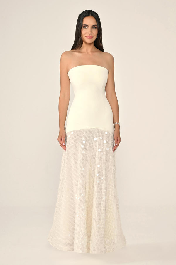 Long Crepe Dress with Sequin Embellished Shawl Collar