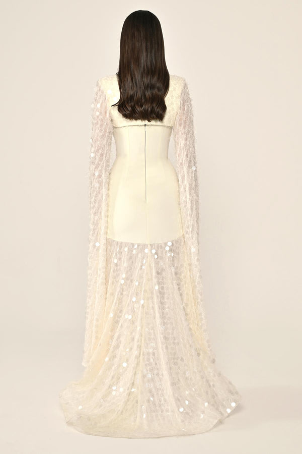 Long Crepe Dress with Sequin Embellished Shawl Collar