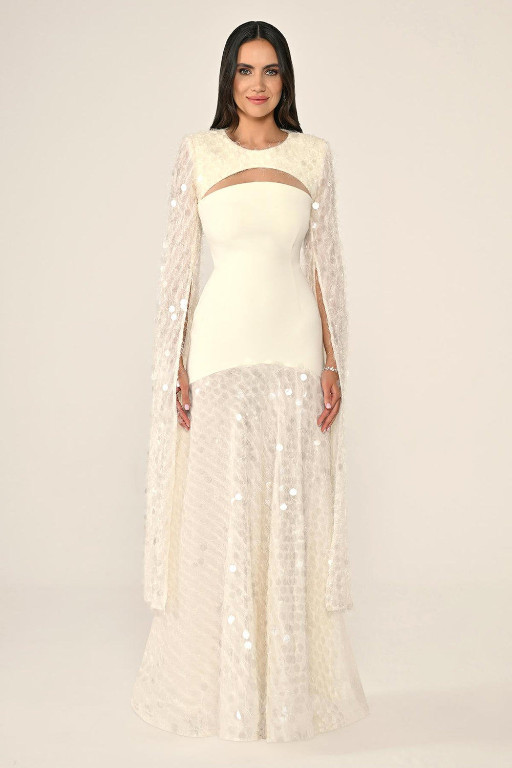 Long Crepe Dress with Sequin Embellished Shawl Collar