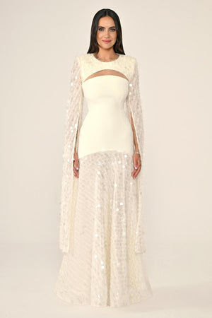 Long Crepe Dress with Sequin Embellished Shawl Collar