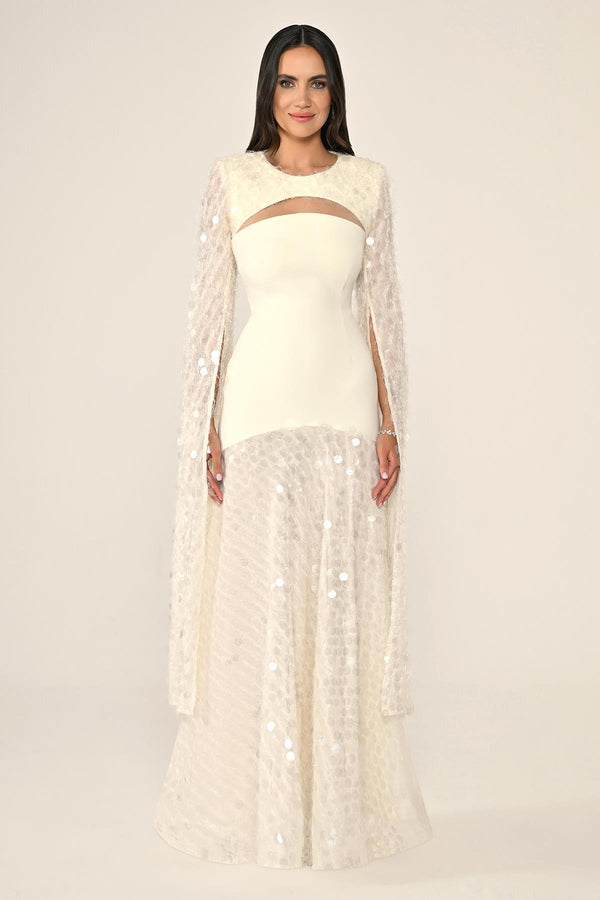 Long Crepe Dress with Sequin Embellished Shawl Collar