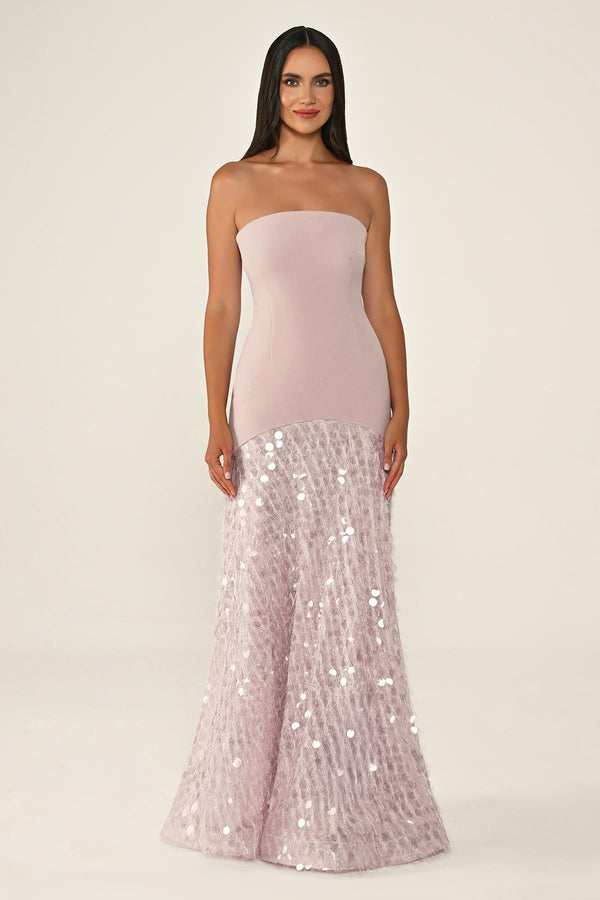 Long Crepe Dress with Sequin Embellished Shawl Collar