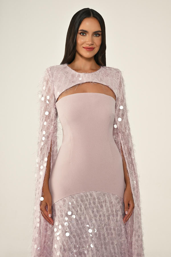 Long Crepe Dress with Sequin Embellished Shawl Collar