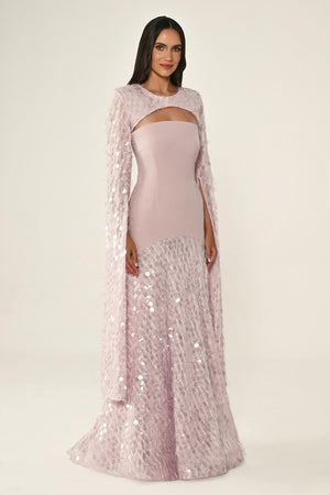 Long Crepe Dress with Sequin Embellished Shawl Collar