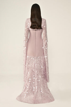 Long Crepe Dress with Sequin Embellished Shawl Collar