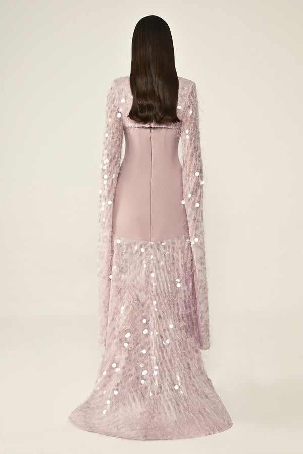 Long Crepe Dress with Sequin Embellished Shawl Collar