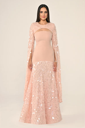 Long Crepe Dress with Sequin Embellished Shawl Collar