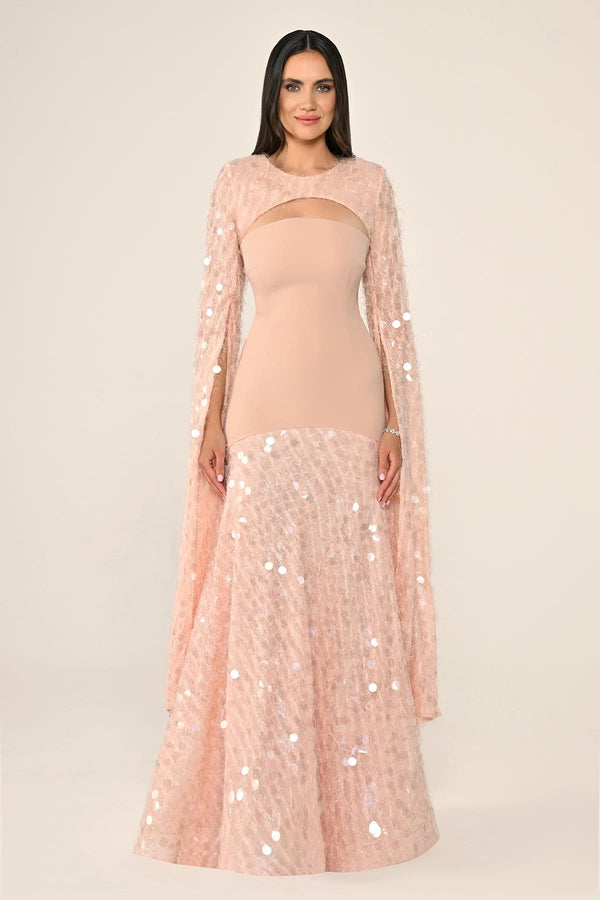 Long Crepe Dress with Sequin Embellished Shawl Collar