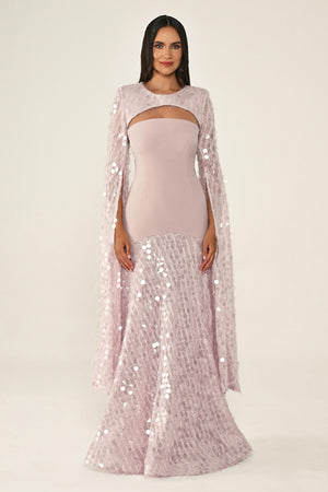 Long Crepe Dress with Sequin Embellished Shawl Collar
