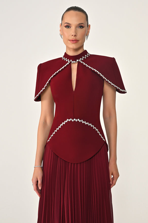 Pleated Chiffon Long Dress with Stone Trim on the Skirt