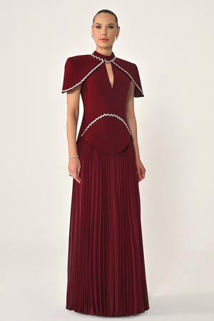 Pleated Chiffon Long Dress with Stone Trim on the Skirt
