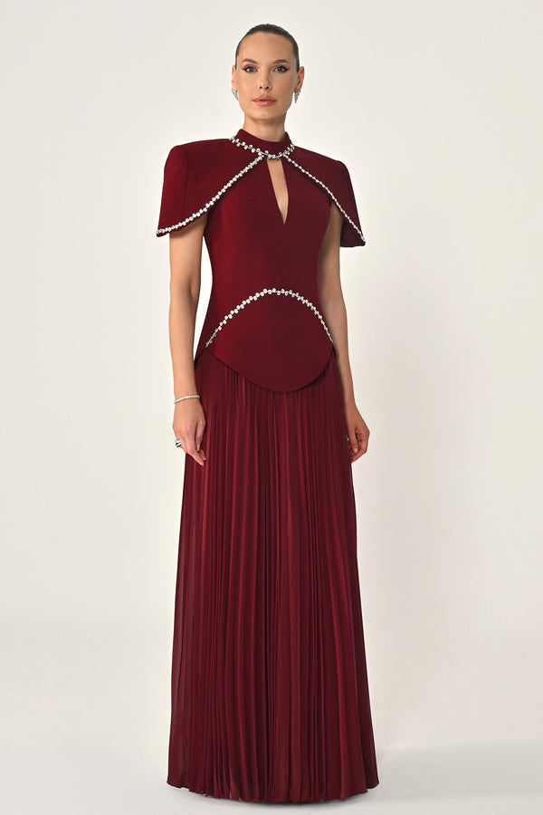 Pleated Chiffon Long Dress with Stone Trim on the Skirt