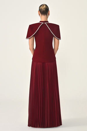 Pleated Chiffon Long Dress with Stone Trim on the Skirt