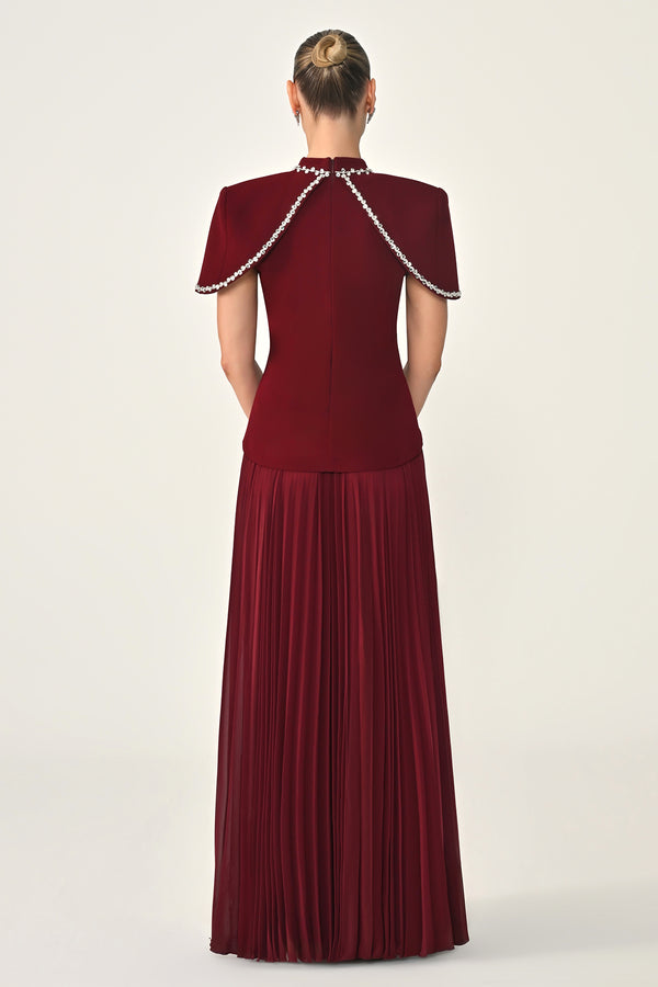 Pleated Chiffon Long Dress with Stone Trim on the Skirt