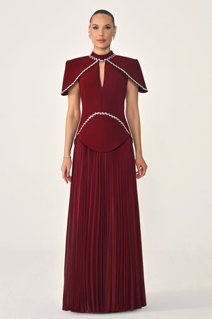 Pleated Chiffon Long Dress with Stone Trim on the Skirt