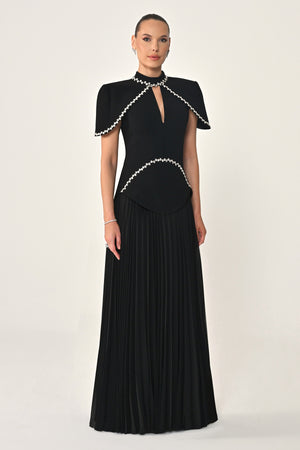 Pleated Chiffon Long Dress with Stone Trim on the Skirt