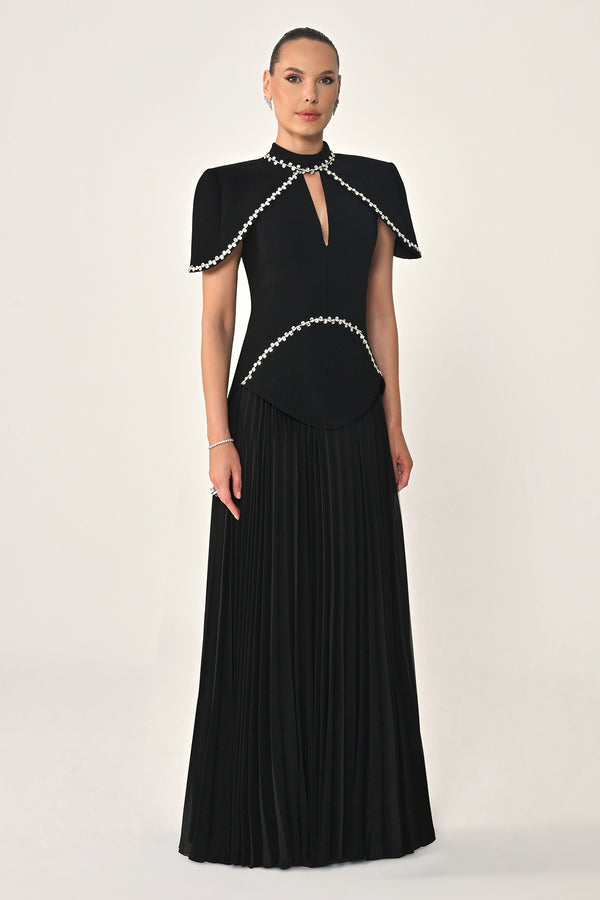Pleated Chiffon Long Dress with Stone Trim on the Skirt