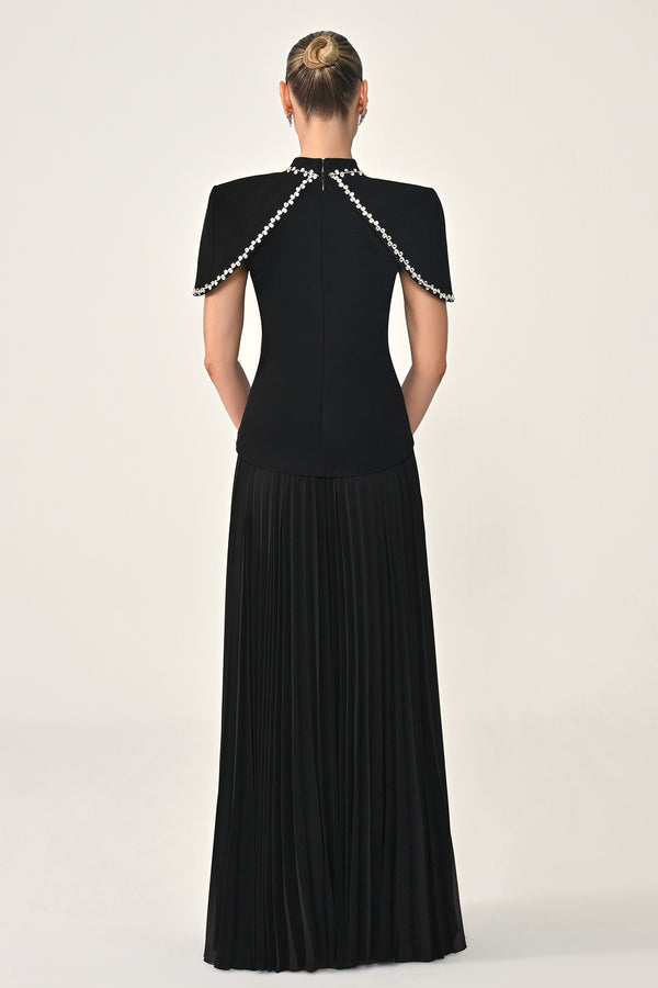 Pleated Chiffon Long Dress with Stone Trim on the Skirt