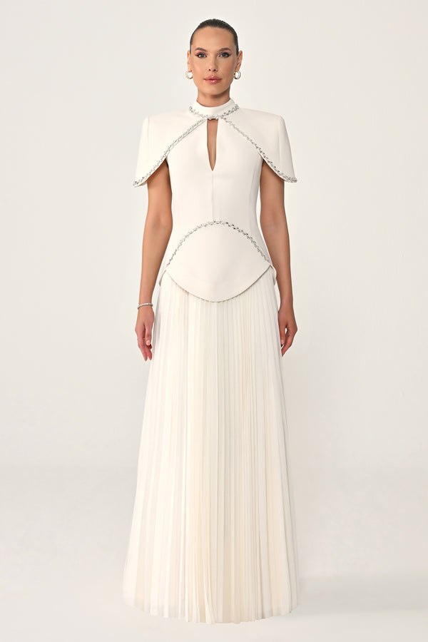 Pleated Chiffon Long Dress with Stone Trim on the Skirt