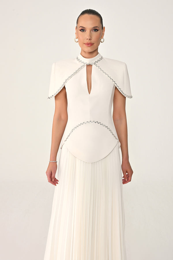 Pleated Chiffon Long Dress with Stone Trim on the Skirt