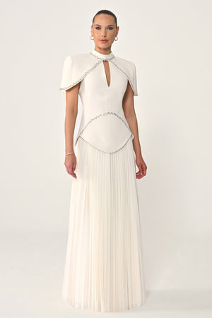 Pleated Chiffon Long Dress with Stone Trim on the Skirt