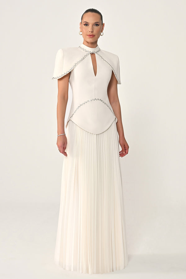Pleated Chiffon Long Dress with Stone Trim on the Skirt