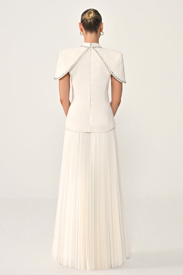 Pleated Chiffon Long Dress with Stone Trim on the Skirt