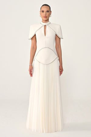 Pleated Chiffon Long Dress with Stone Trim on the Skirt