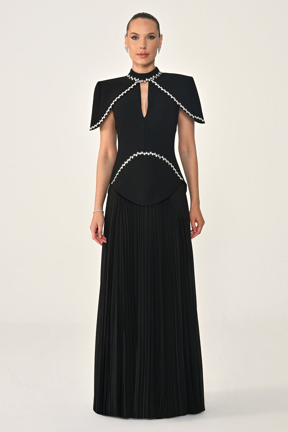 Pleated Chiffon Long Dress with Stone Trim on the Skirt