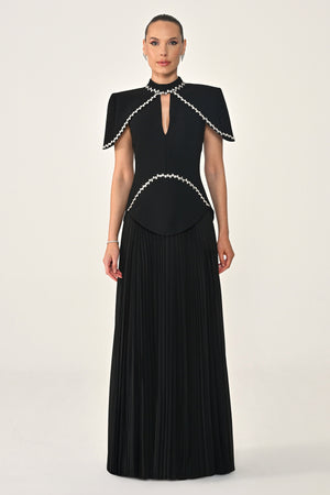 Pleated Chiffon Long Dress with Stone Trim on the Skirt