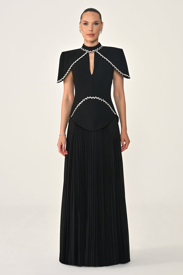Pleated Chiffon Long Dress with Stone Trim on the Skirt