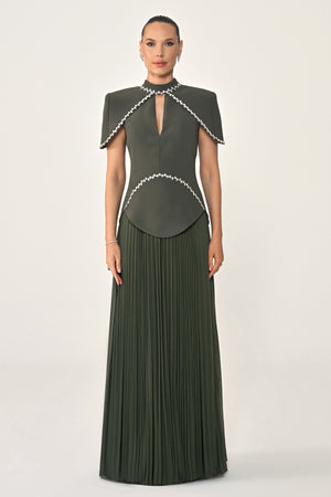 Pleated Chiffon Long Dress with Stone Trim on the Skirt