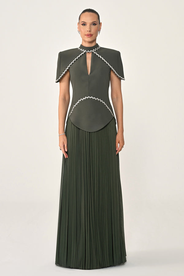Pleated Chiffon Long Dress with Stone Trim on the Skirt