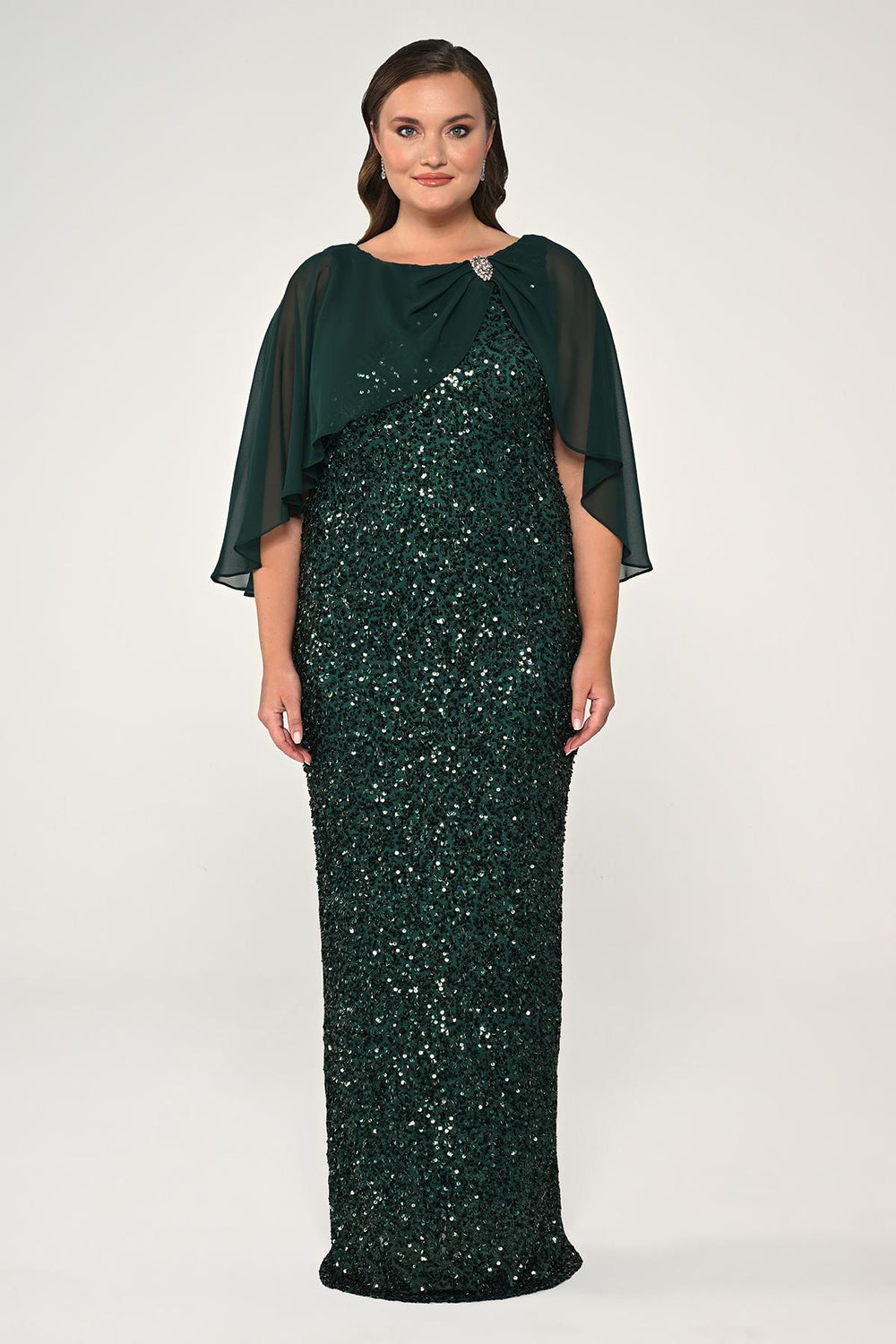 Sequined Long Dress with Chiffon Shawl and Brooch