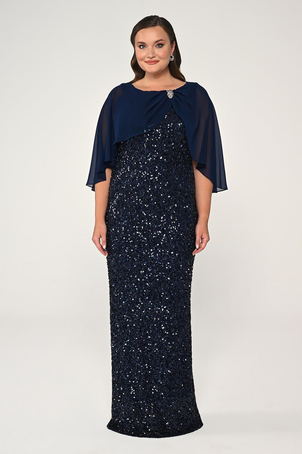 Sequined Long Dress with Chiffon Shawl and Brooch
