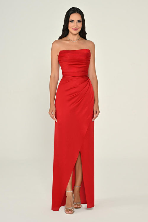 Strapless Draped Shimmer Fabric Long Dress