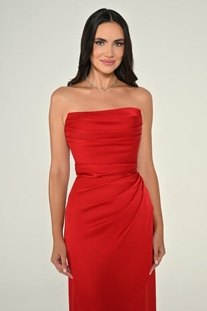 Strapless Draped Shimmer Fabric Long Dress