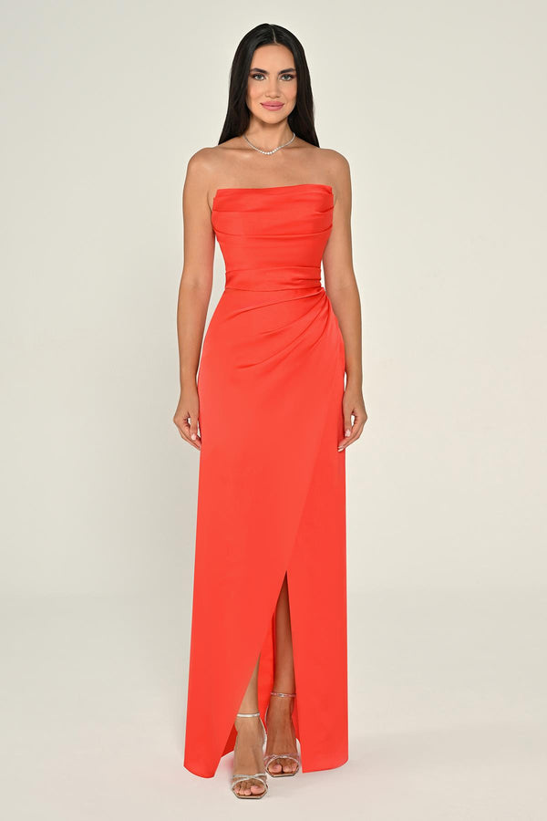 Strapless Draped Shimmer Fabric Long Dress