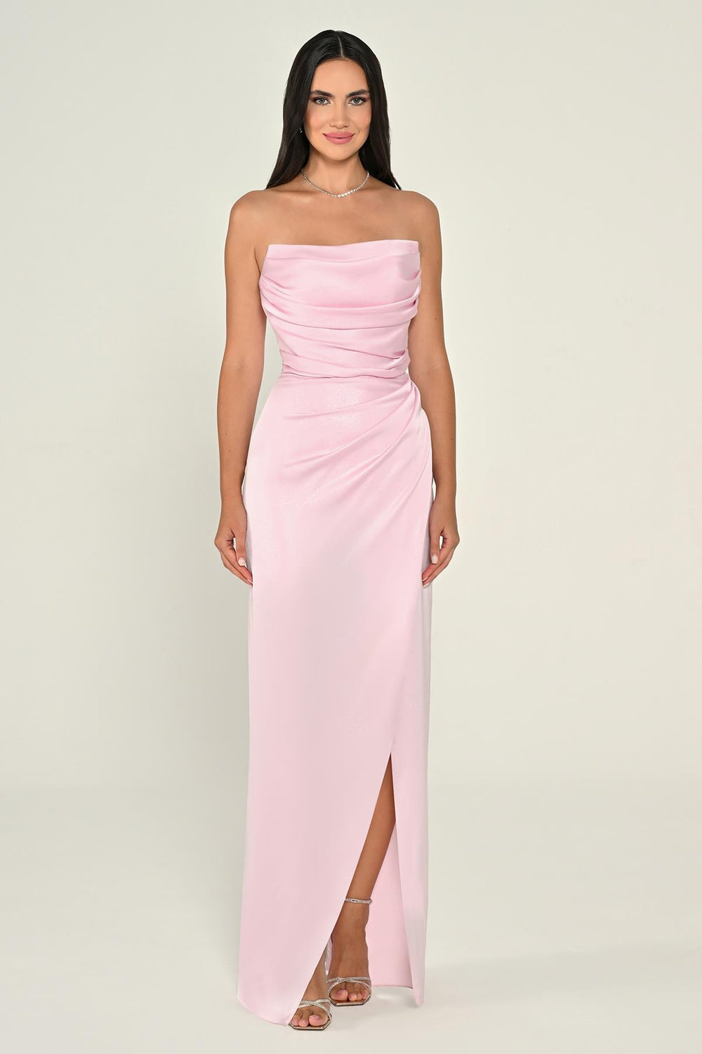Strapless Draped Shimmer Fabric Long Dress