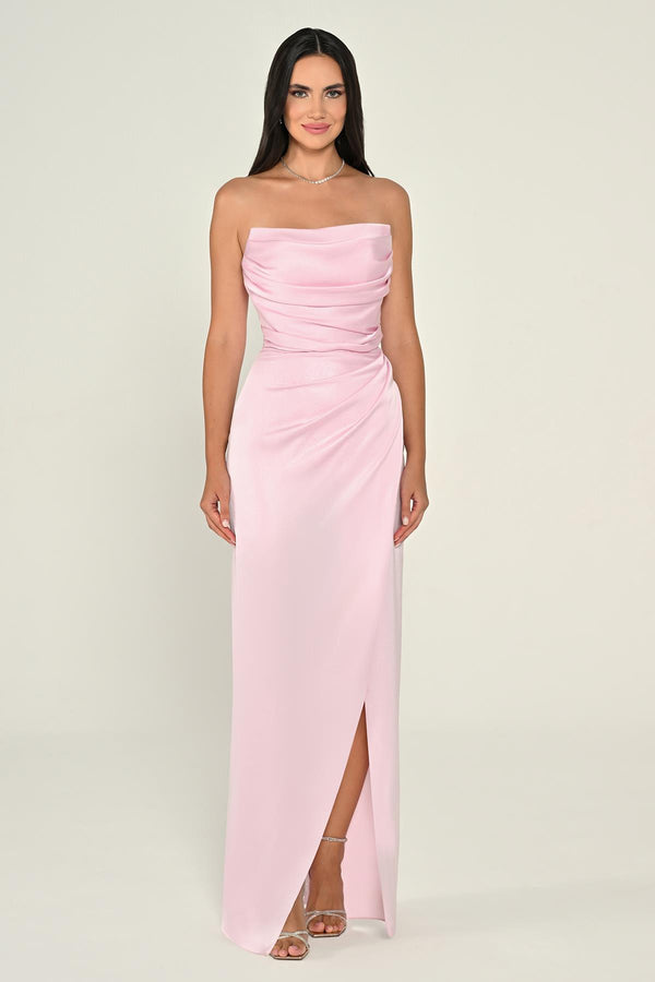 Strapless Draped Shimmer Fabric Long Dress