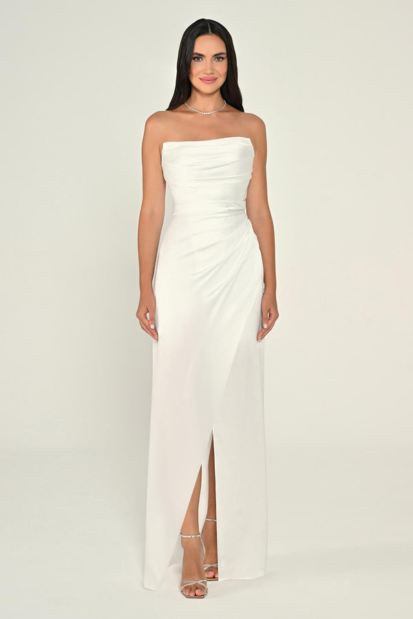 Strapless Draped Shimmer Fabric Long Dress