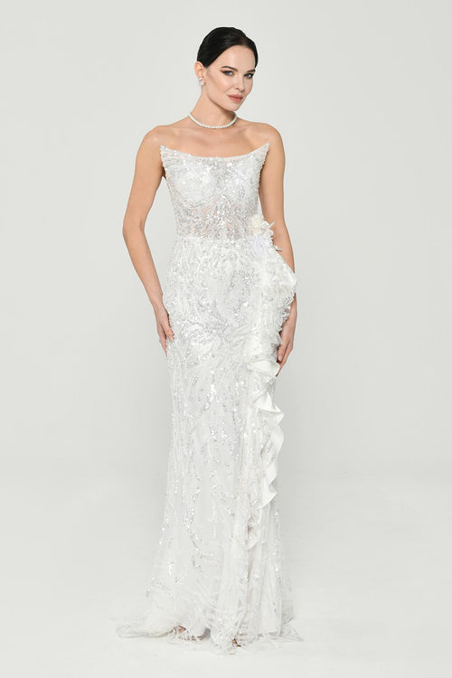 Strapless Waist Floral Accessory Sequin Long Dress