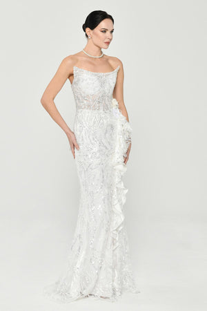 Strapless Waist Floral Accessory Sequin Long Dress